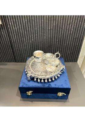 Mishita Collections German Silver Swastik Pooja Thali Set with Full Ghungru Layer Set of 5