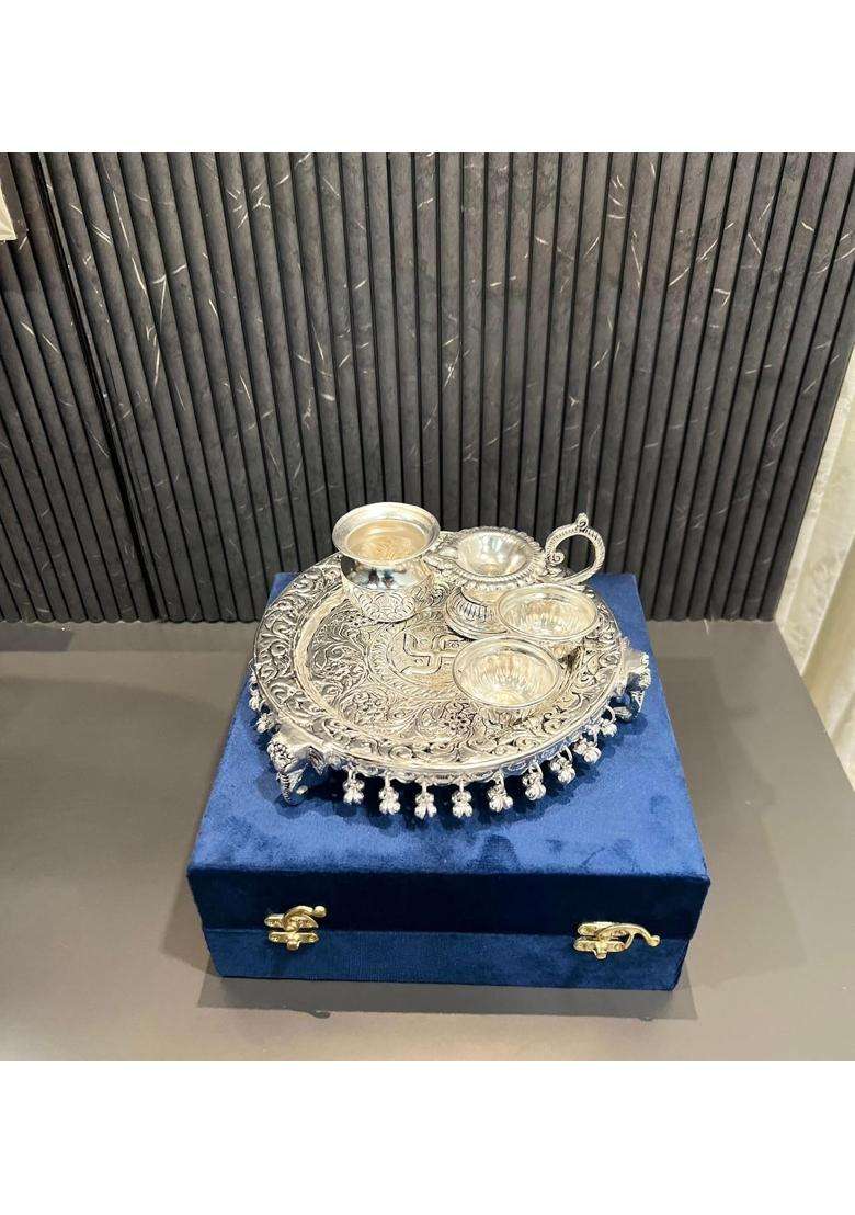 Mishita Collections German Silver Swastik Pooja Thali Set with Full Ghungru Layer Set of 5 - Indya