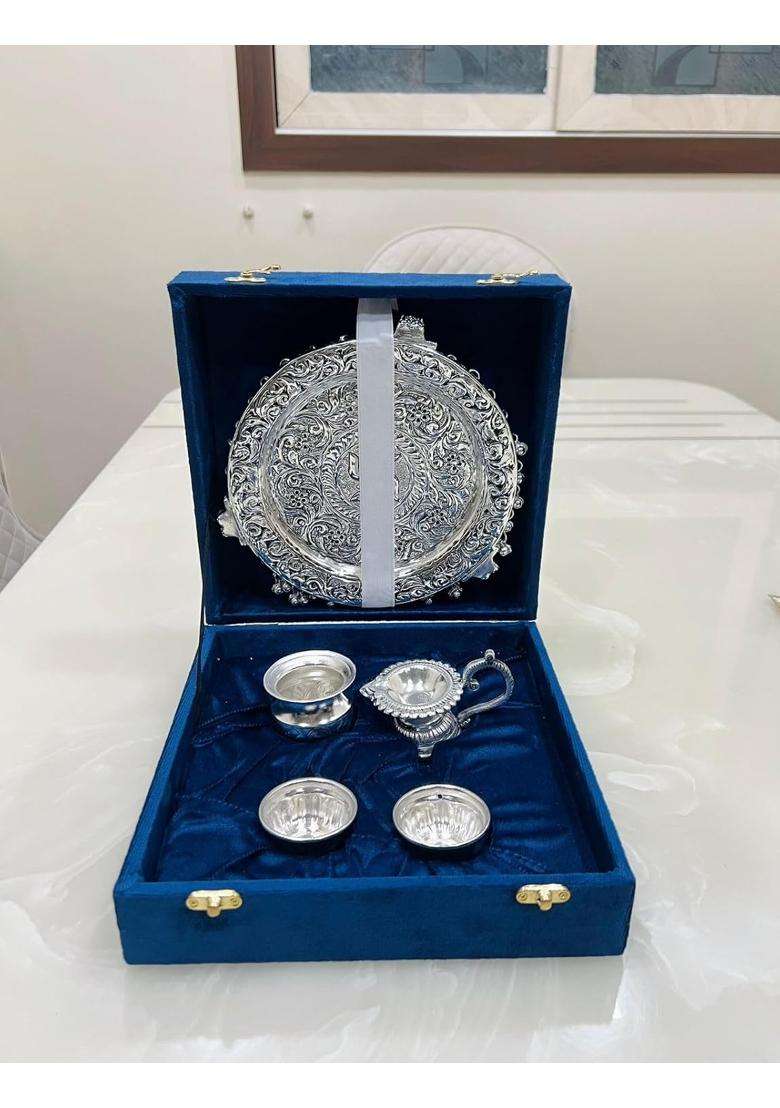 Mishita Collections German Silver Swastik Pooja Thali Set with Full Ghungru Layer Set of 5 - Indya