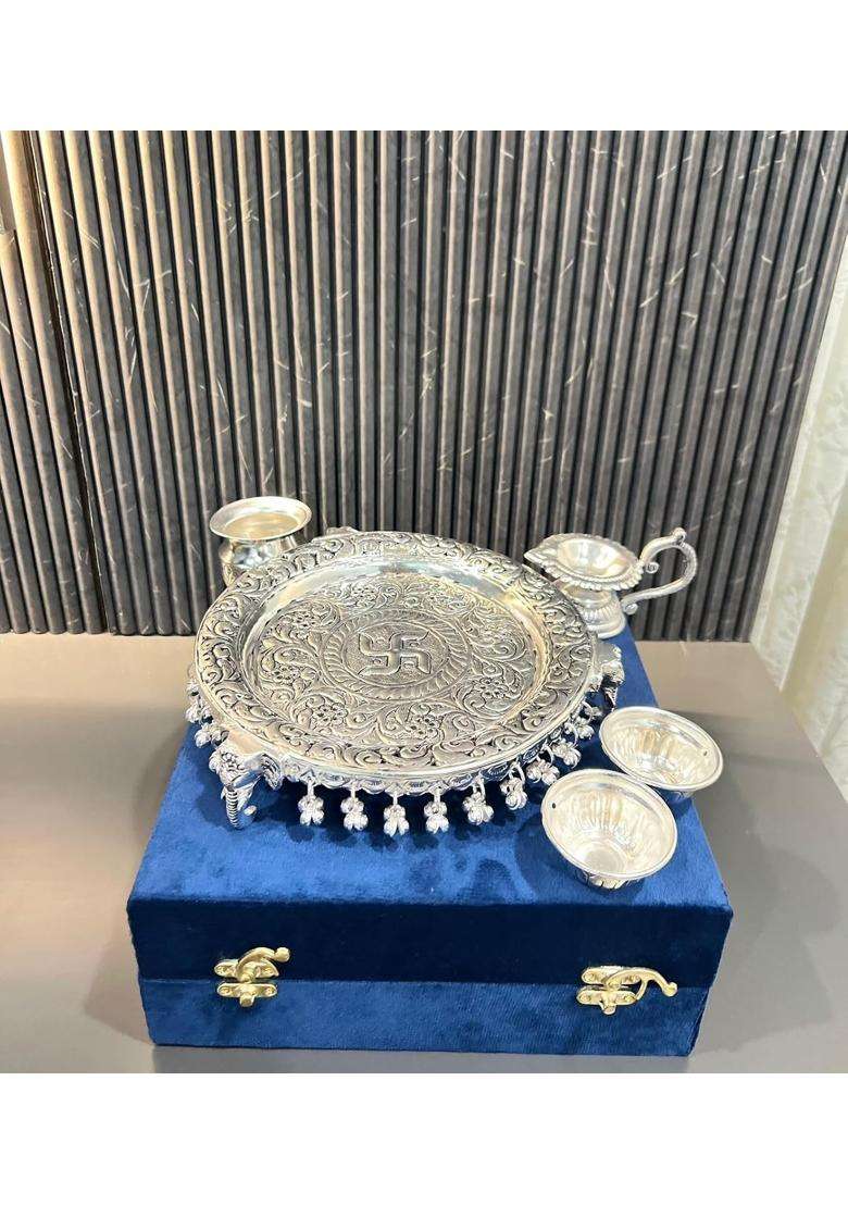 Mishita Collections German Silver Swastik Pooja Thali Set with Full Ghungru Layer Set of 5 - Indya