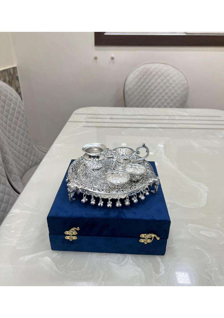 Mishita Collections German Silver Swastik Pooja Thali Set with Full Ghungru Layer Set of 5 - Indya