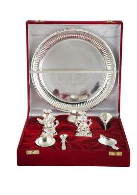 Rkonect Silver Plated Pooja Thali with Laxmi Ganesh God Murti Pcs Lakshmi Ganesha for Diwali Set of 9