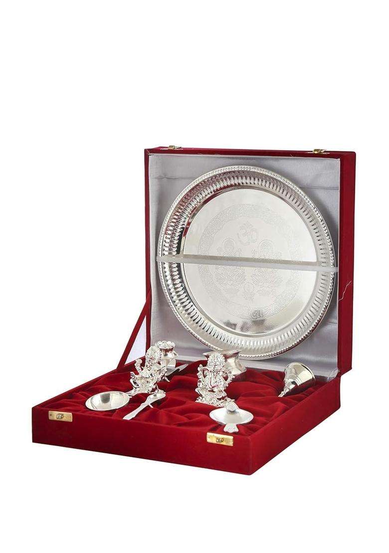 Rkonect Silver Plated Pooja Thali with Laxmi Ganesh God Murti Pcs Lakshmi Ganesha for Diwali Set of 9 - Indya