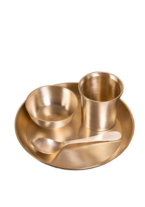 RAM Metals Premium 4 Piece Pure Kansa Solid Dinner Set Matte Finish Authentic Bronze Thali Set with Plate Bowl
