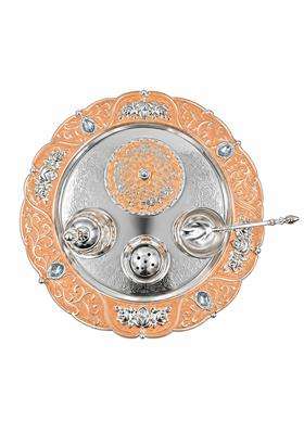 Giftoraplus Silver Tone Traditional Embossed Pooja Thali Set with Diya Kalash Kumkum and Haldi Bowls