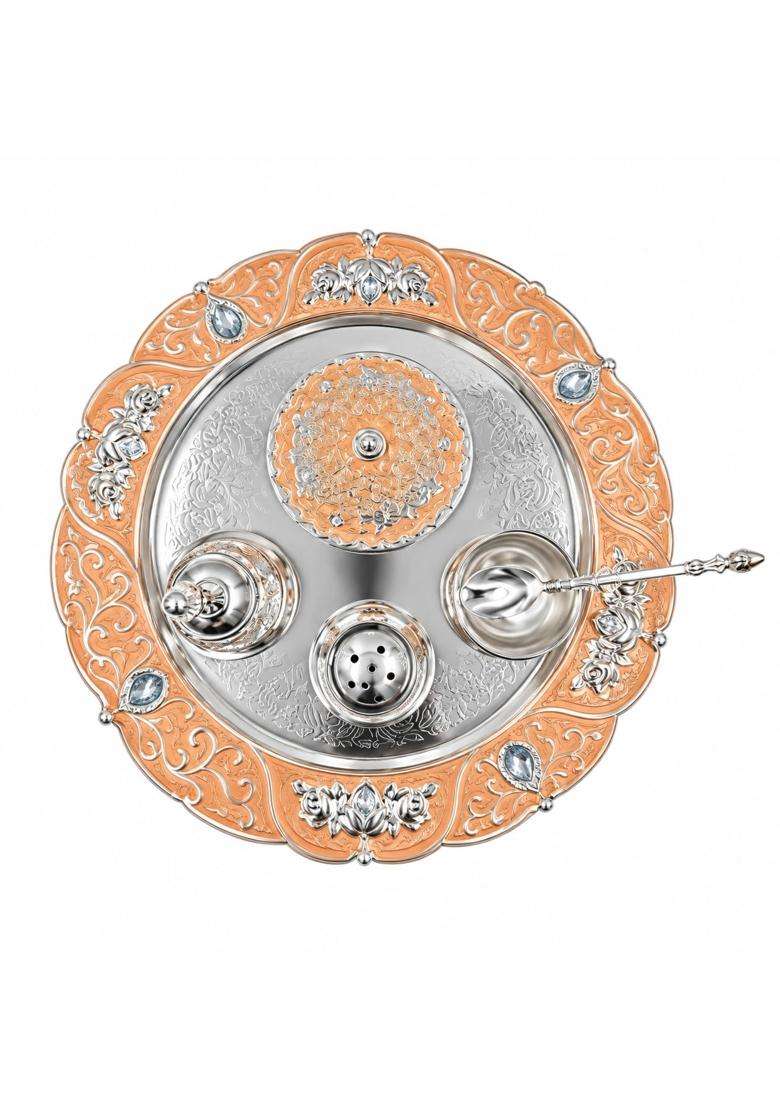 Giftoraplus Silver Tone Traditional Embossed Pooja Thali Set with Diya Kalash Kumkum and Haldi Bowls - Indya