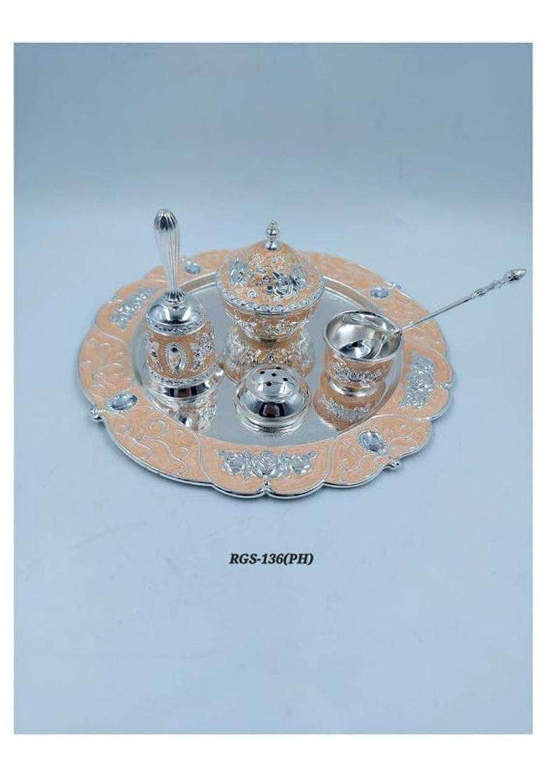 Giftoraplus Silver Tone Traditional Embossed Pooja Thali Set with Diya Kalash Kumkum and Haldi Bowls - Indya