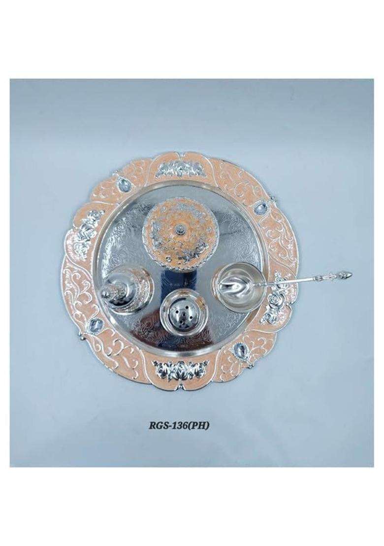 Giftoraplus Silver Tone Traditional Embossed Pooja Thali Set with Diya Kalash Kumkum and Haldi Bowls - Indya