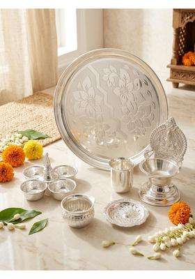 3P Homes Innovate Silver Pooja Thali Set Big Plate Kamakshi Diya Glass Kalash Agarbati Stand and Kumkum Holder