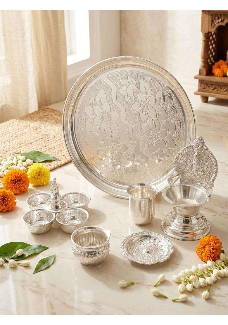 3P Homes Innovate Silver Pooja Thali Set Big Plate Kamakshi Diya Glass Kalash Agarbati Stand and Kumkum Holder - Indya