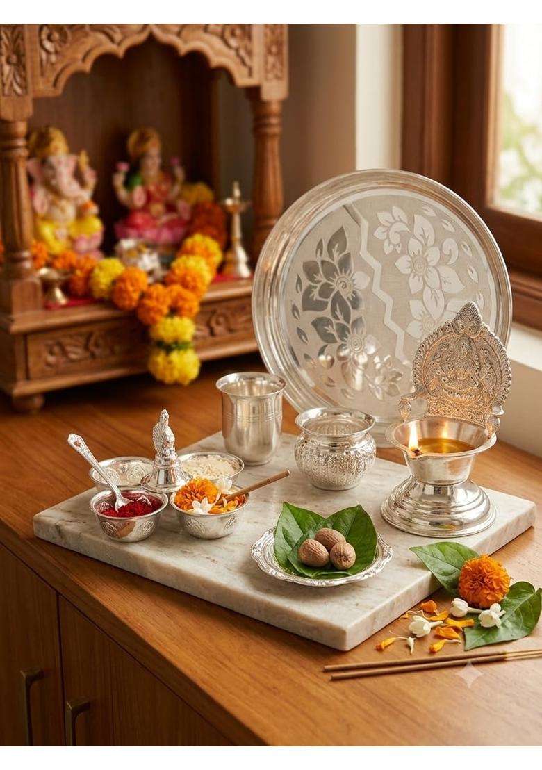 3P Homes Innovate Silver Pooja Thali Set Big Plate Kamakshi Diya Glass Kalash Agarbati Stand and Kumkum Holder - Indya