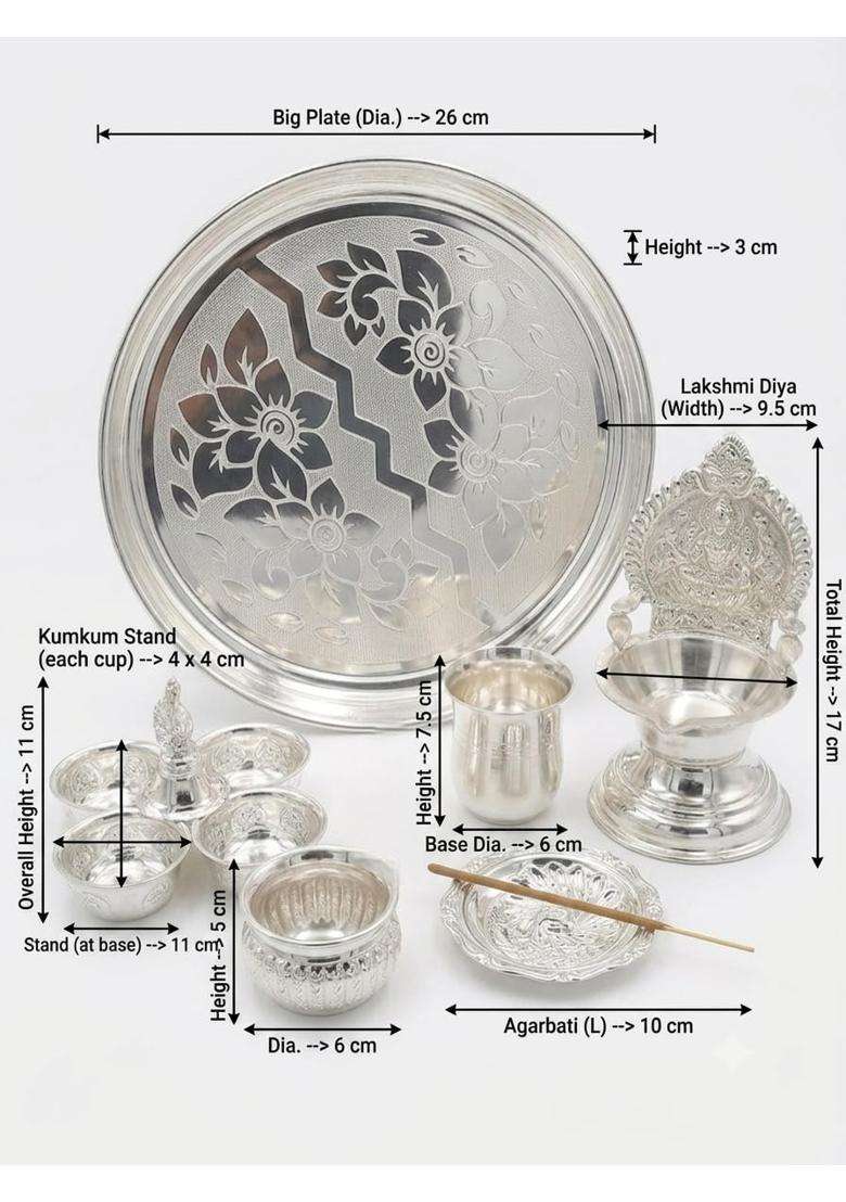 3P Homes Innovate Silver Pooja Thali Set Big Plate Kamakshi Diya Glass Kalash Agarbati Stand and Kumkum Holder - Indya