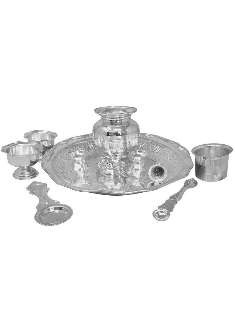 Pure German Silver Pooja Plate Set Silver White Pooja Pieces Diameter 12 Inches Height 2 Inches Set of 11 - Indya