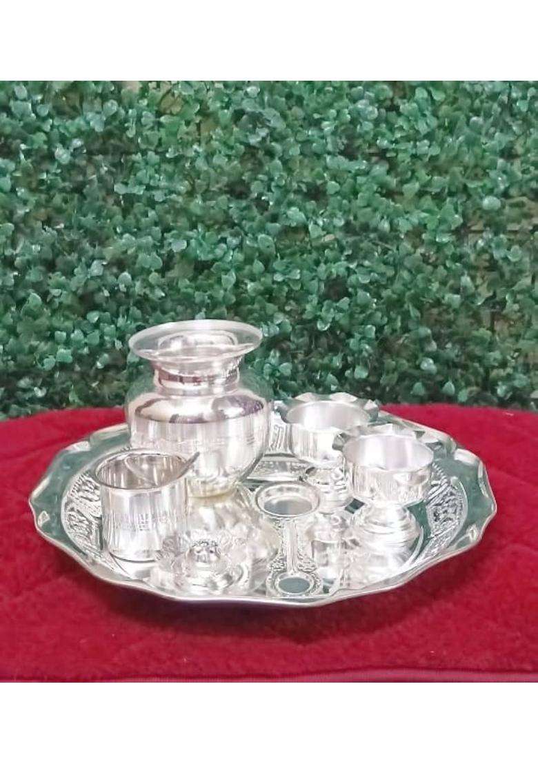 Pure German Silver Pooja Plate Set Silver White Pooja Pieces Diameter 12 Inches Height 2 Inches Set of 11 - Indya