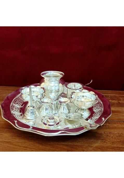 Pure German Silver Pooja Plate Set Silver White Pooja Pieces Diameter 12 Inches Height 2 Inches Set of 11