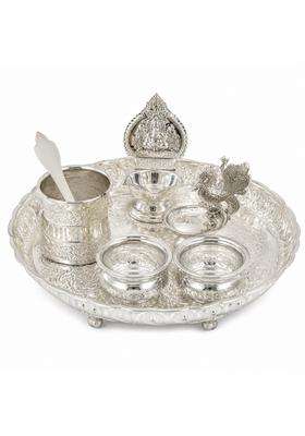 Sgr Handicrafts German Silver Pooja Thali Set with Decorative Plate Bowls Udarini and Peacock Diya