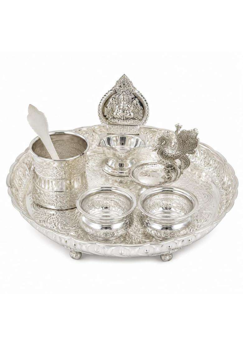 Sgr Handicrafts German Silver Pooja Thali Set with Decorative Plate Bowls Udarini and Peacock Diya - Indya