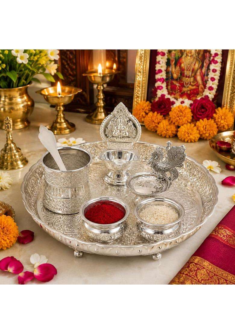 Sgr Handicrafts German Silver Pooja Thali Set with Decorative Plate Bowls Udarini and Peacock Diya - Indya