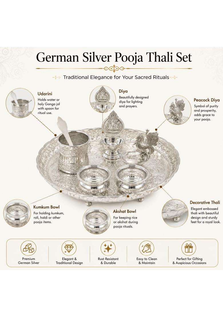Sgr Handicrafts German Silver Pooja Thali Set with Decorative Plate Bowls Udarini and Peacock Diya - Indya