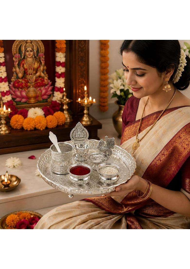 Sgr Handicrafts German Silver Pooja Thali Set with Decorative Plate Bowls Udarini and Peacock Diya - Indya