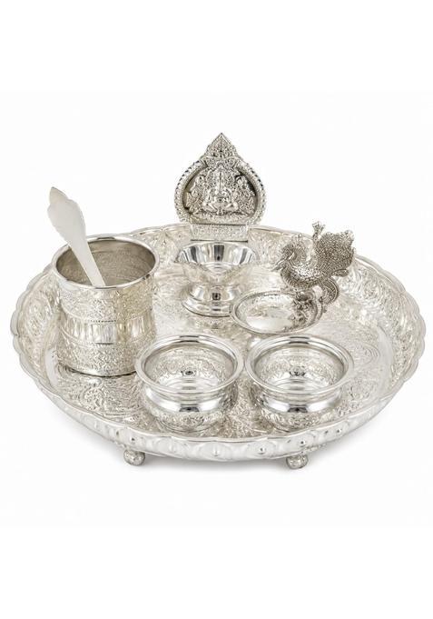 Sgr Handicrafts German Silver Pooja Thali Set with Decorative Plate Bowls Udarini and Peacock Diya