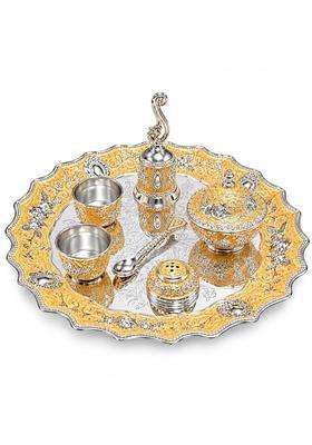German Silver 7Pcs Pooja Thali Set Peach and Silver Tone