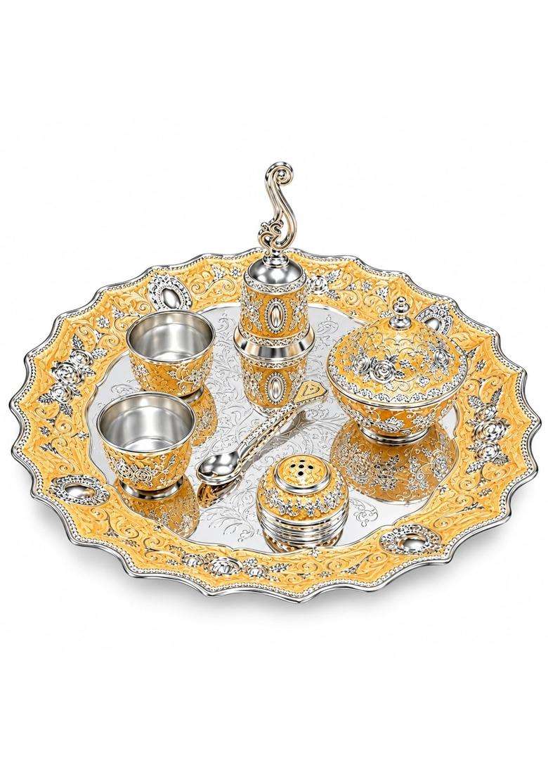 German Silver 7Pcs Pooja Thali Set Peach and Silver Tone - Indya
