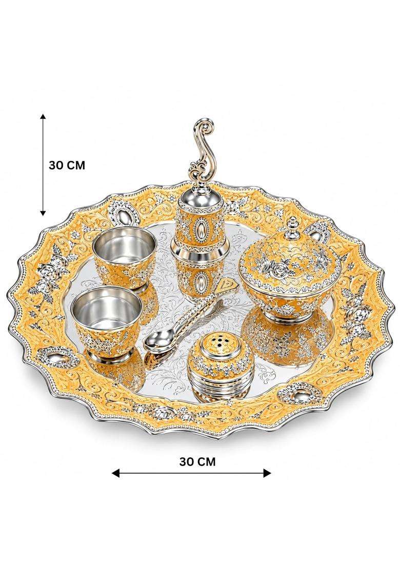 German Silver 7Pcs Pooja Thali Set Peach and Silver Tone - Indya
