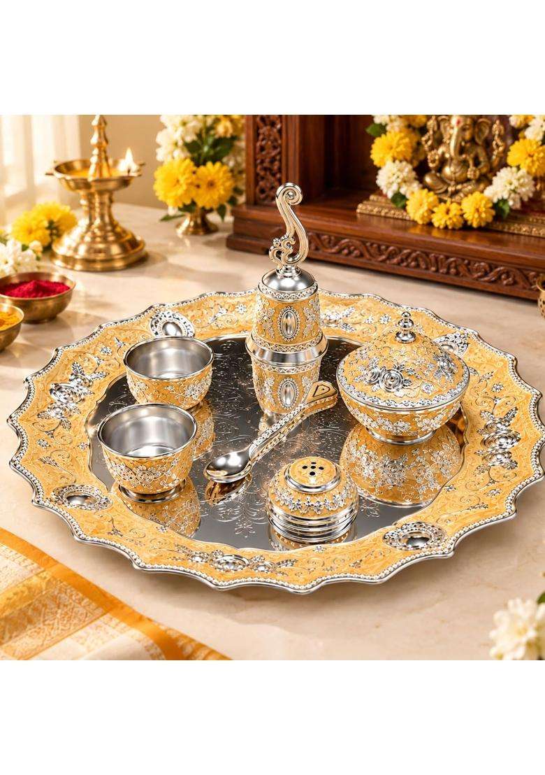 German Silver 7Pcs Pooja Thali Set Peach and Silver Tone - Indya