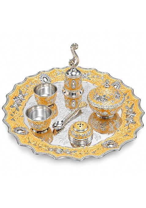 German Silver 7Pcs Pooja Thali Set Peach and Silver Tone