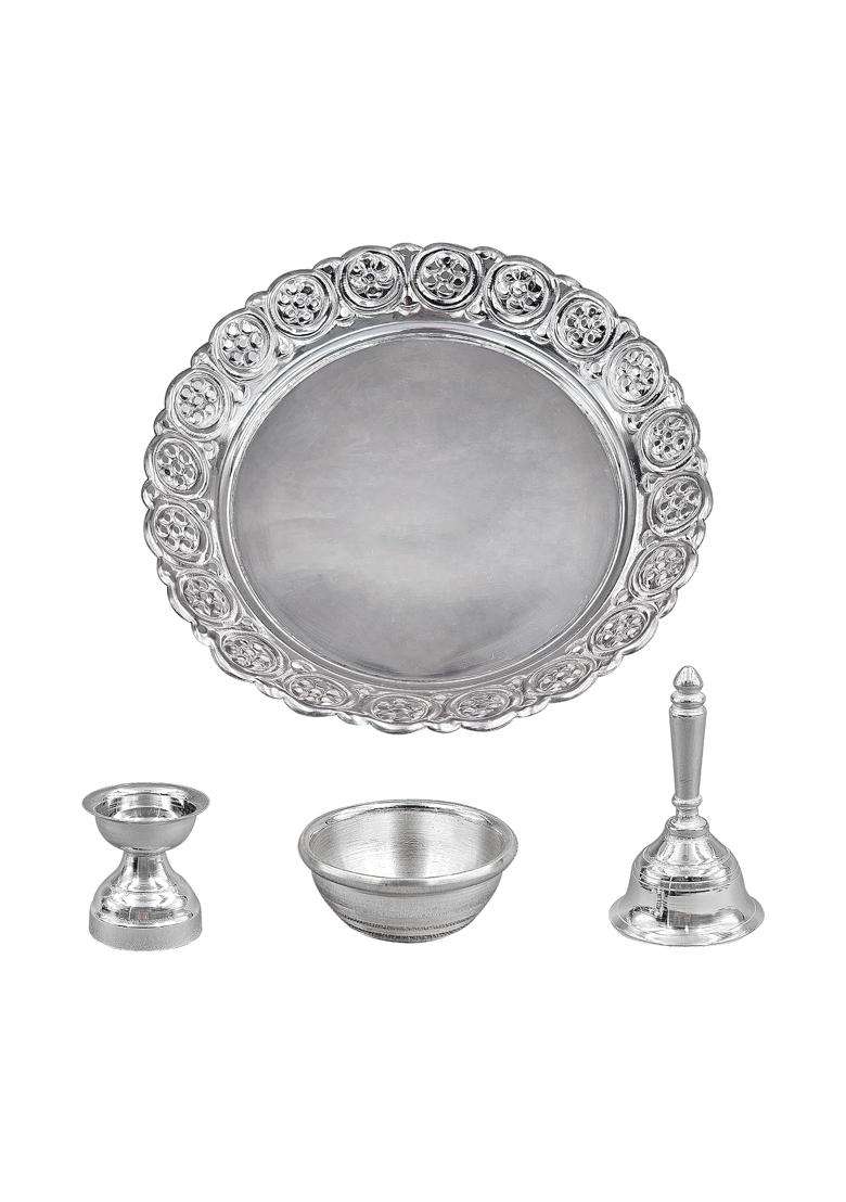 MAA Silver Pure Silver Pooja Thali Set with Plate Diya Bell and Bowl Perfect for Diwali Dhanteras Navratri - Indya