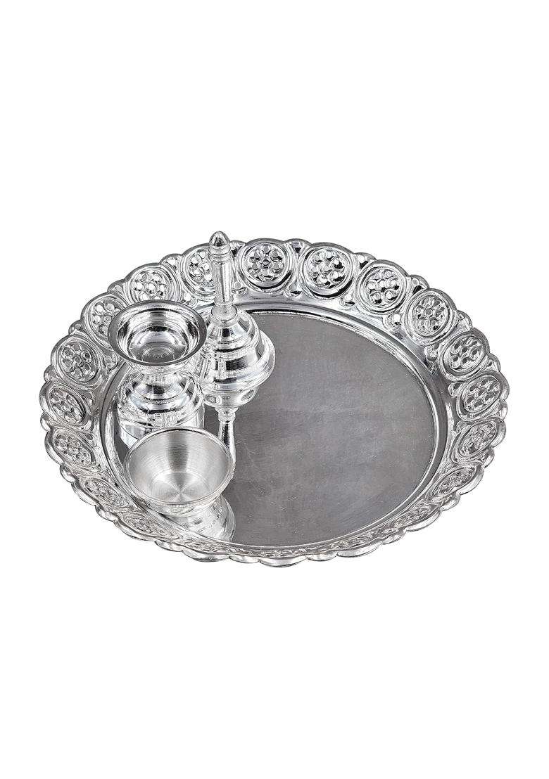 MAA Silver Pure Silver Pooja Thali Set with Plate Diya Bell and Bowl Perfect for Diwali Dhanteras Navratri - Indya