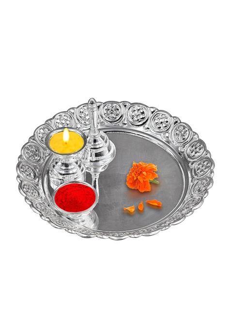 MAA Silver Pure Silver Pooja Thali Set with Plate Diya Bell and Bowl Perfect for Diwali Dhanteras Navratri