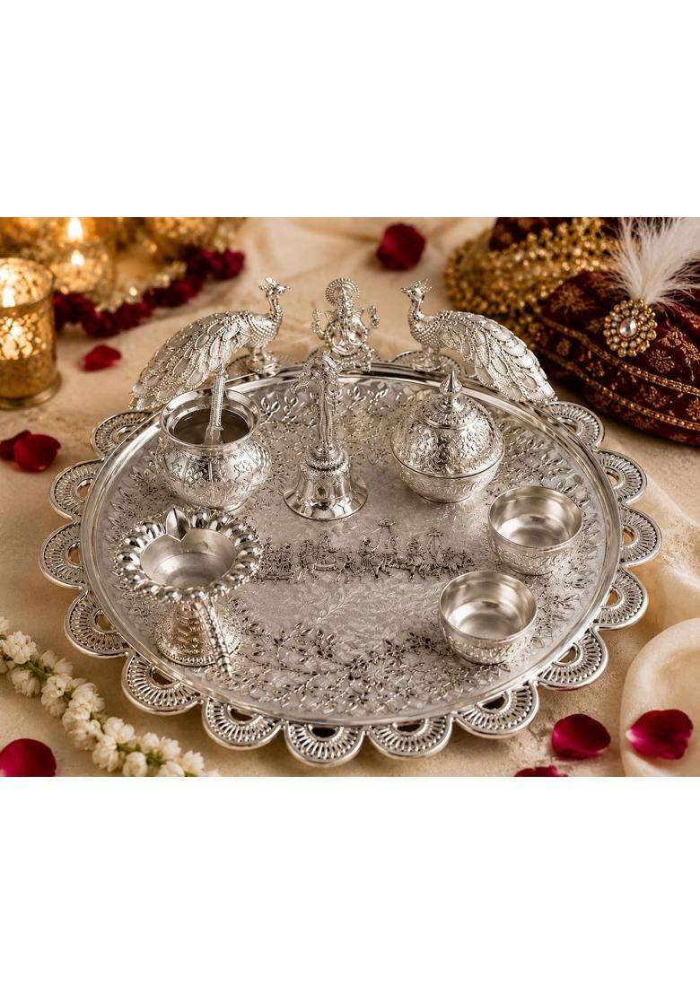 German Silver Baraati Pooja Thali Set - Indya