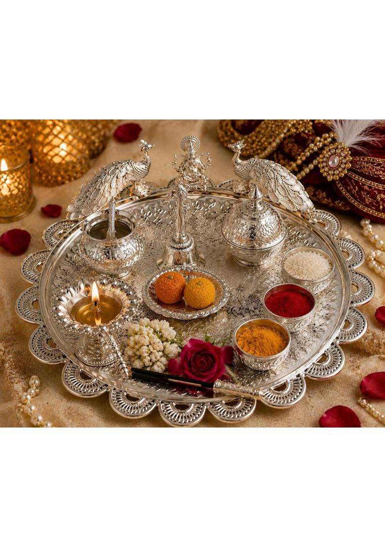 German Silver Baraati Pooja Thali Set - Indya