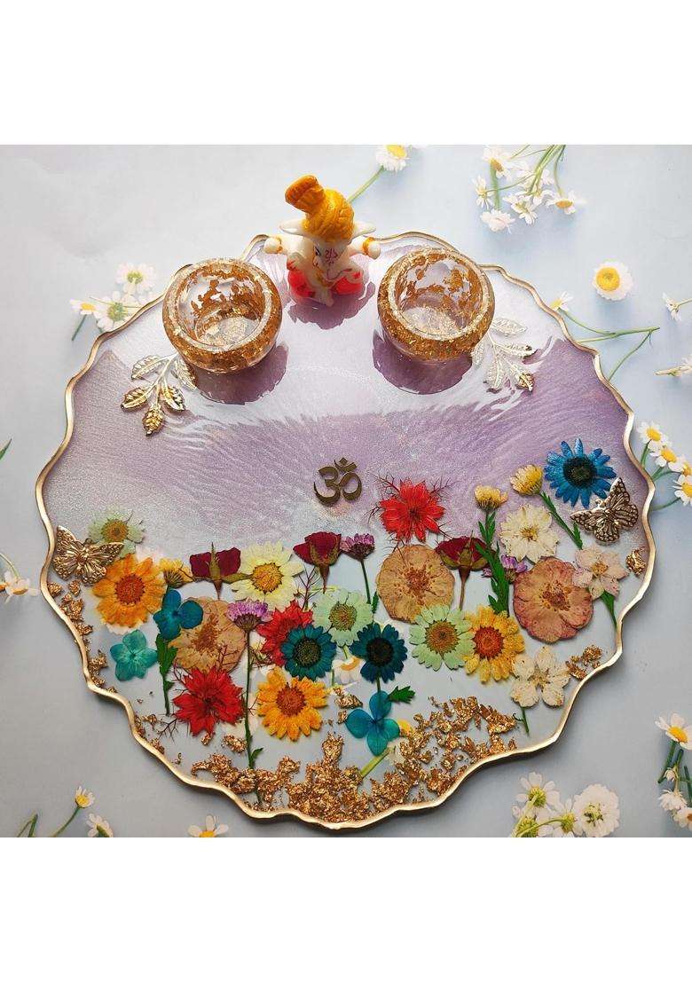 Love and Lather10 Inch Floral Resin Pooja Thali Handmade Resin Roli Chawal Platter Aarti Thali Pooja Thali - Indya
