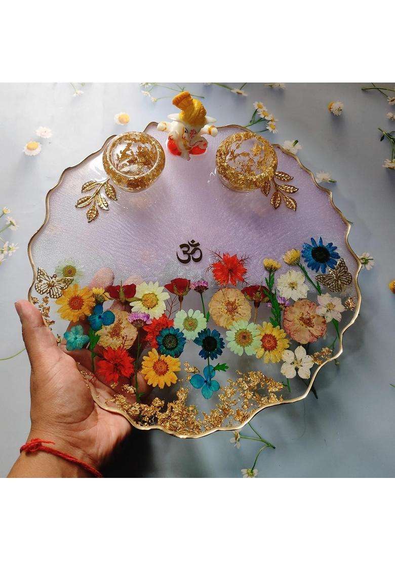 Love and Lather10 Inch Floral Resin Pooja Thali Handmade Resin Roli Chawal Platter Aarti Thali Pooja Thali - Indya