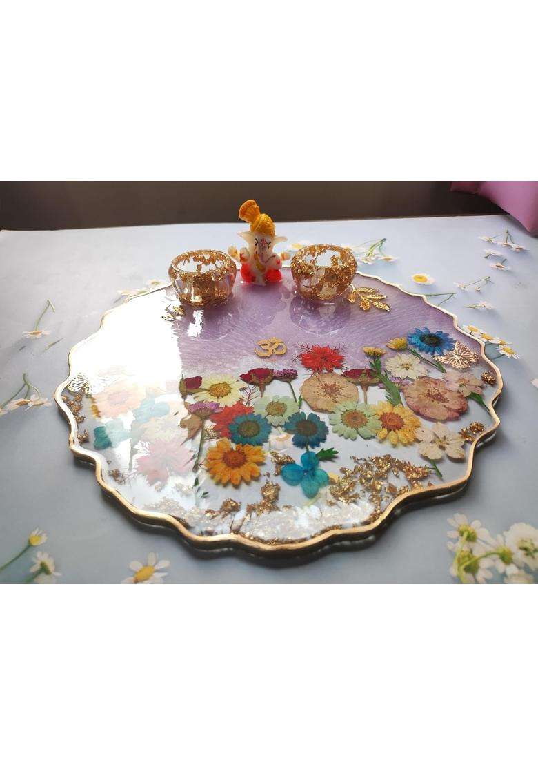 Love and Lather10 Inch Floral Resin Pooja Thali Handmade Resin Roli Chawal Platter Aarti Thali Pooja Thali - Indya