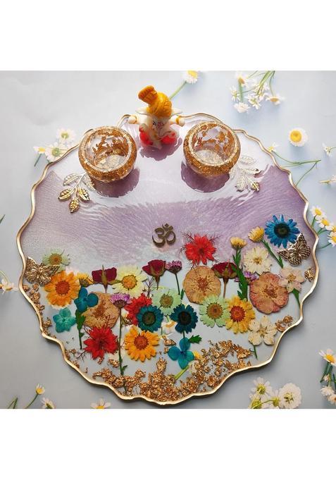 Love and Lather10 Inch Floral Resin Pooja Thali Handmade Resin Roli Chawal Platter Aarti Thali Pooja Thali