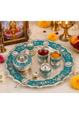 Sgr Handicrafts Premium German Silver Multicolor Pooja Thali Set Decorative Pooja Samagri Set with Kumkum Box