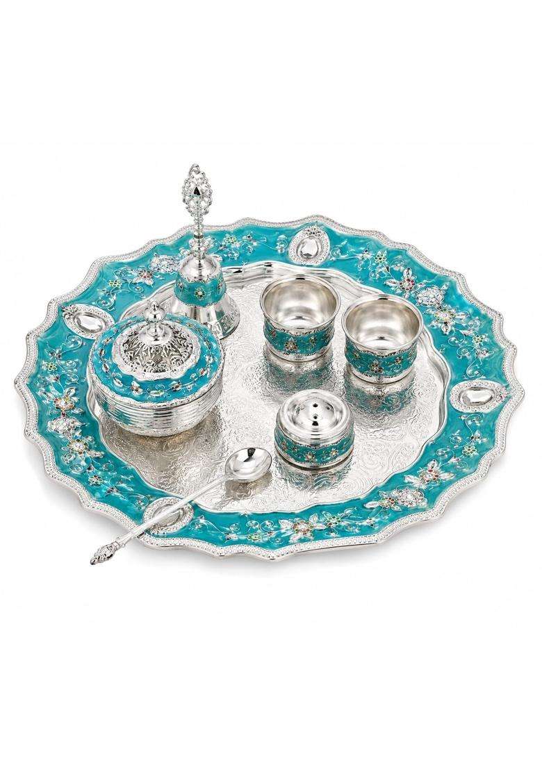 Sgr Handicrafts Premium German Silver Multicolor Pooja Thali Set Decorative Pooja Samagri Set with Kumkum Box - Indya