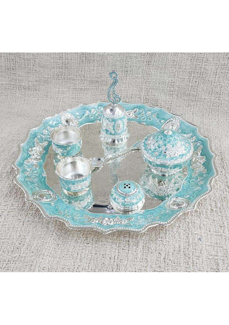 Sgr Handicrafts Premium German Silver Multicolor Pooja Thali Set Decorative Pooja Samagri Set with Kumkum Box - Indya