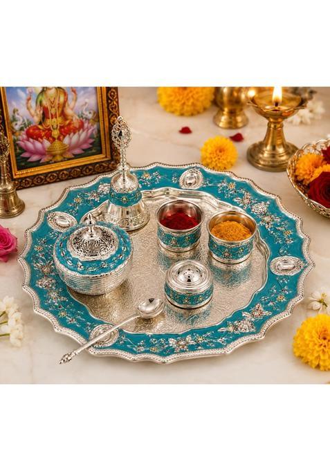 Sgr Handicrafts Premium German Silver Multicolor Pooja Thali Set Decorative Pooja Samagri Set with Kumkum Box