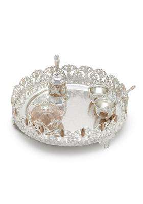 Dora Gifting German Silver Pooja Thali Set for Mandir Unique Cutout Design Pooja Thali Set Combo with 5 Unique