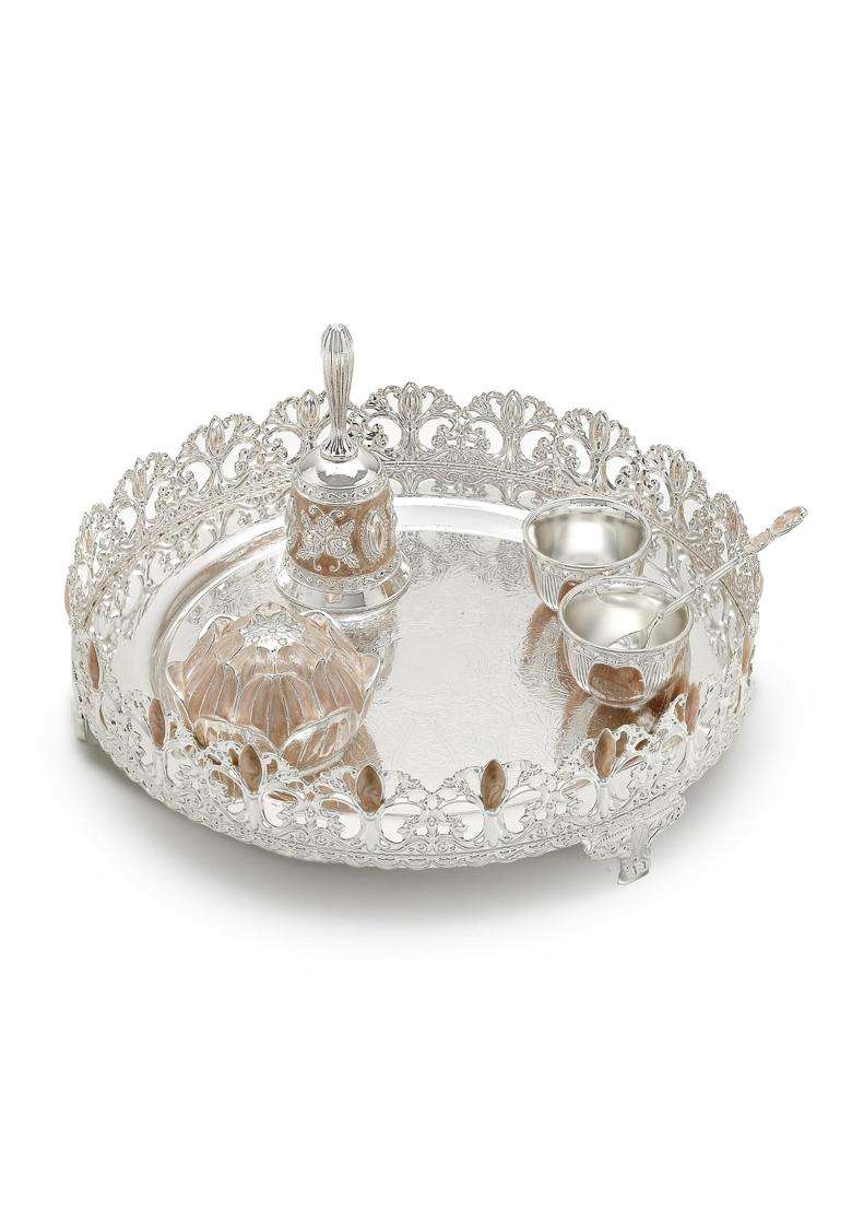 Dora Gifting German Silver Pooja Thali Set for Mandir Unique Cutout Design Pooja Thali Set Combo with 5 Unique - Indya