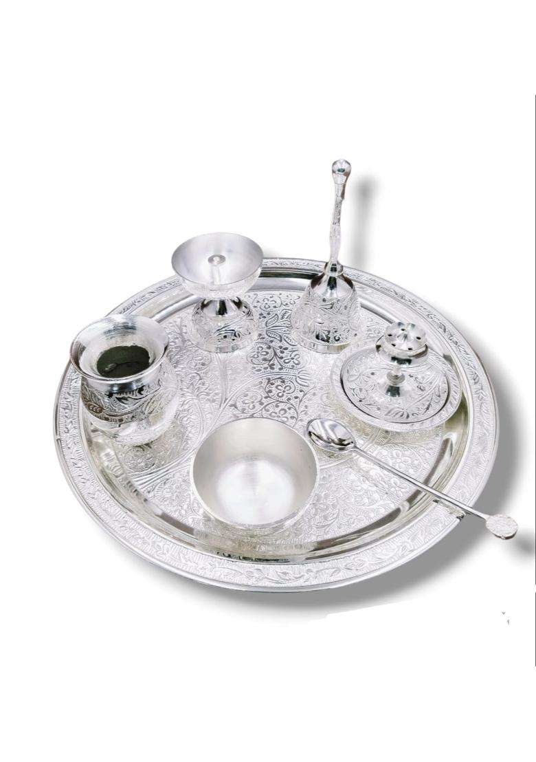 Krupanidhi Silver Plated Puja Thali Set Occasional Gift Puja Thali Decorative Wedding Gift Set of 7 - Indya