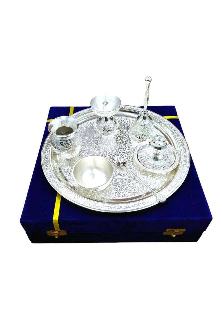 Krupanidhi Silver Plated Puja Thali Set Occasional Gift Puja Thali Decorative Wedding Gift Set of 7 - Indya