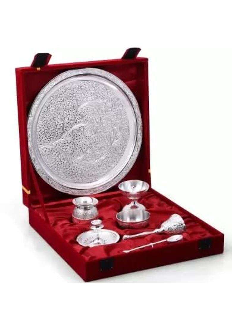 Krupanidhi Silver Plated Puja Thali Set Occasional Gift Puja Thali Decorative Wedding Gift Set of 7 - Indya
