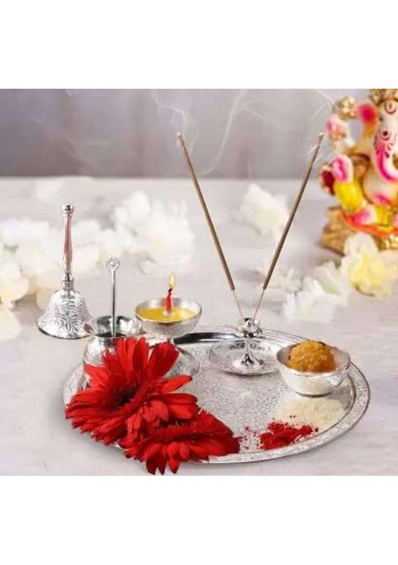 Krupanidhi Silver Plated Puja Thali Set Occasional Gift Puja Thali Decorative Wedding Gift Set of 7 - Indya