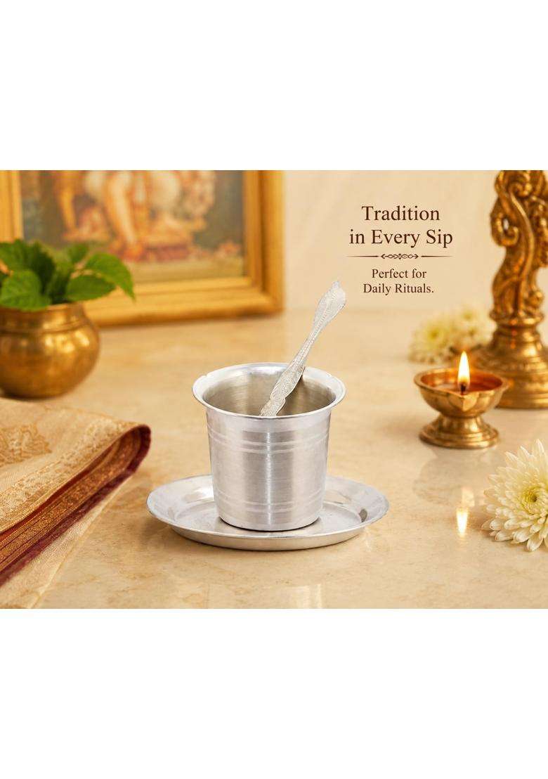 Moonplus Sterling Silver Panchapatra Set for Pooja Udharini Spoon Plate Tumbler Set - Indya